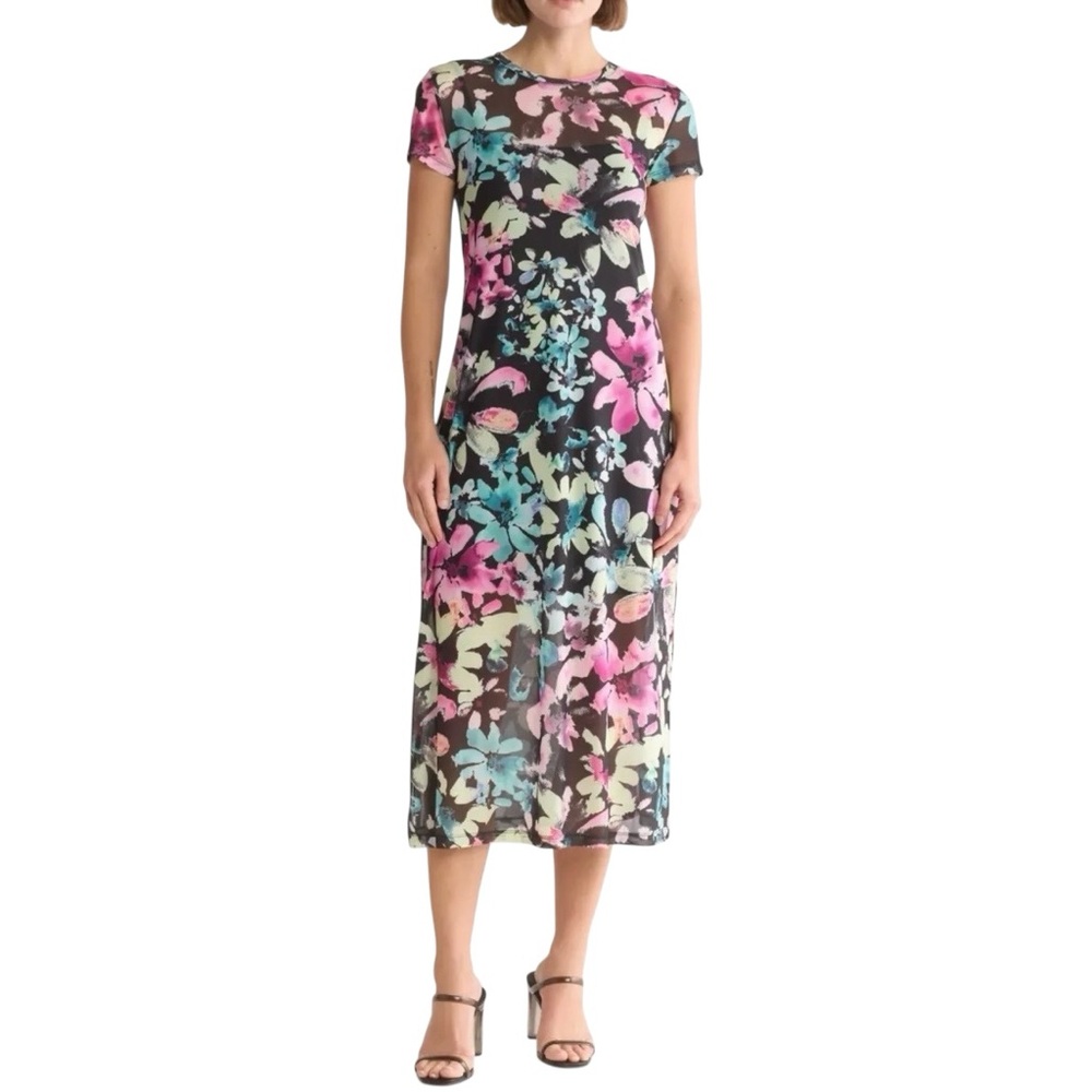 STEVE MADDEN Floral Mesh Overlay Midi Dress